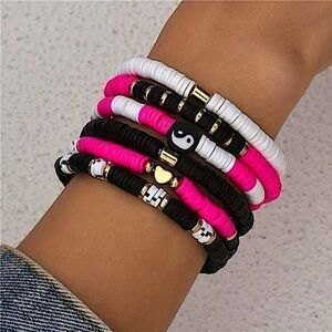 Boho Yin Yang Heishi Bead Bracelet Stack Pink Black White Gold Clay Disk Jewelry